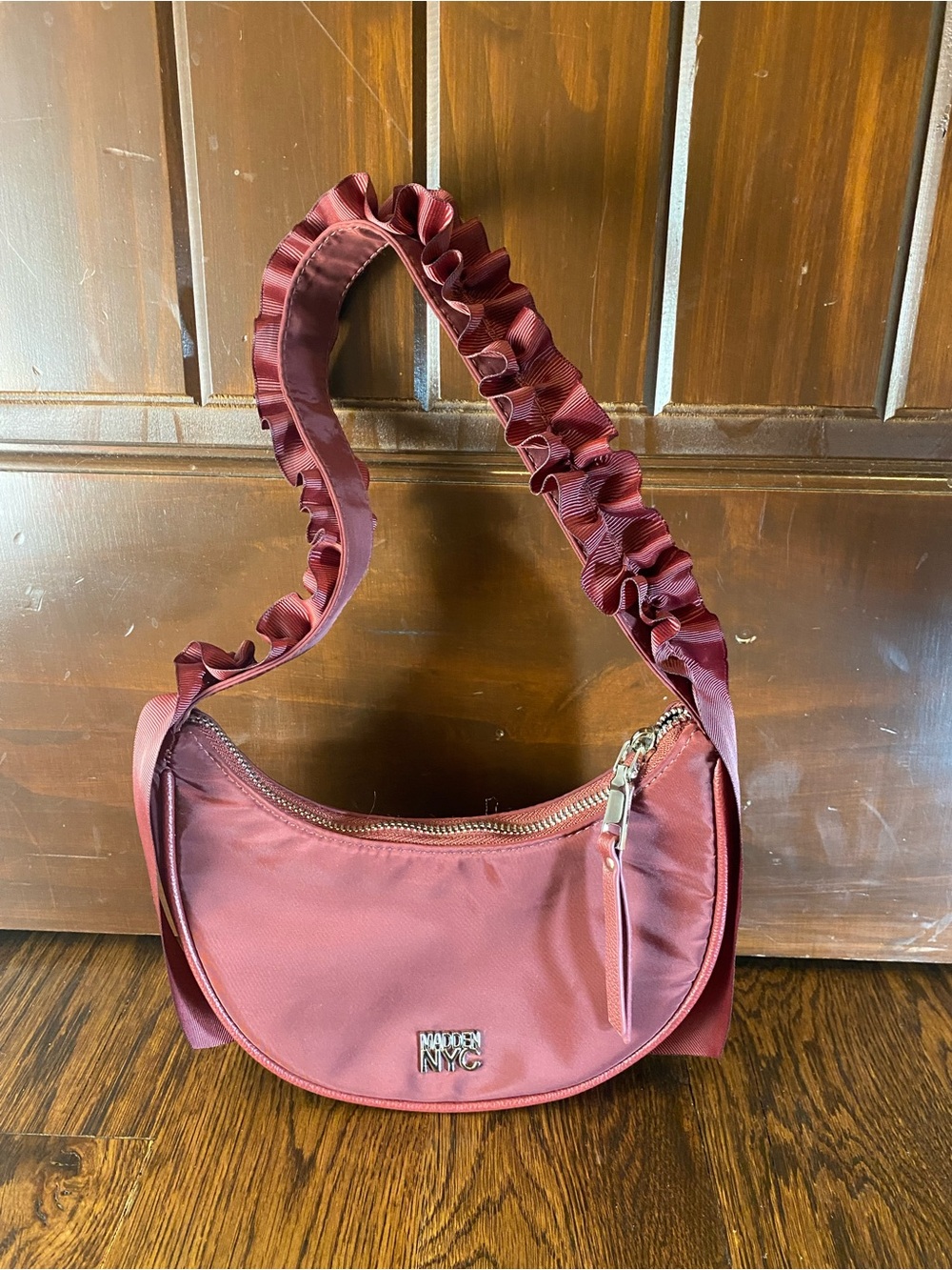 NEW Madden NYC Ruffled Ribbon Half Moon Crescent Shaped Handbag - Red